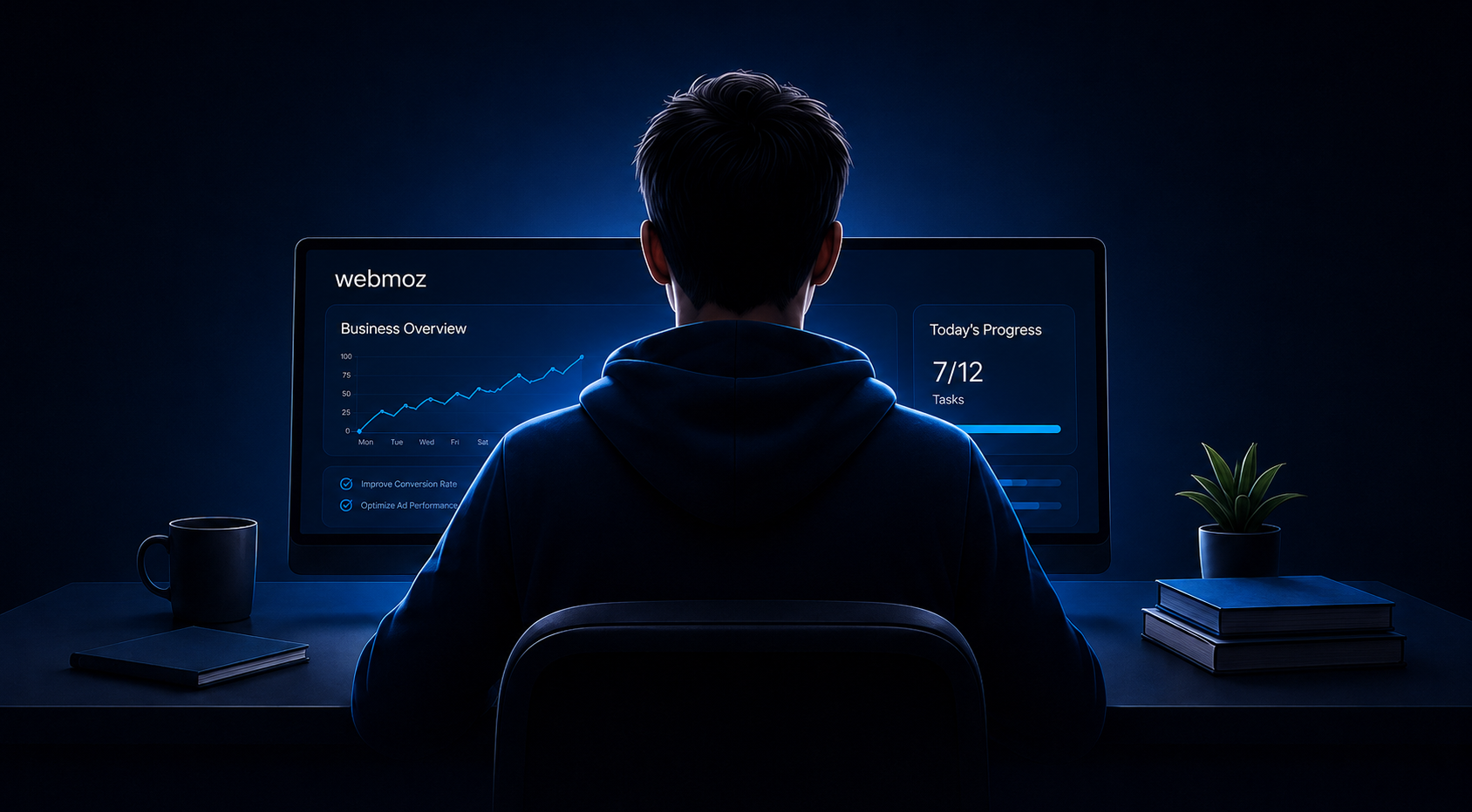 A solo founder working at a desk, lit by two monitors
